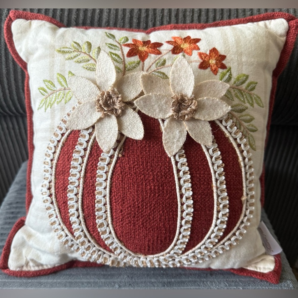 Autumn Hill Fall Embroidered Pumpkin Throw Pillow Floral Decorative